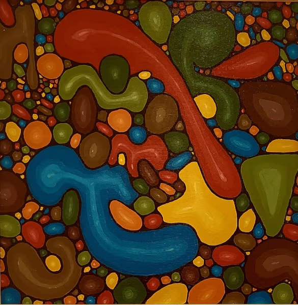 Foto de pintura abstracta con formas alargadas y redondeadas